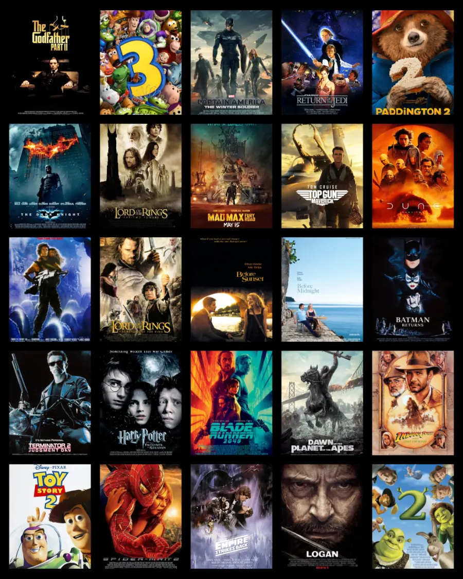 Mosaico de pôsteres de filmes disponíveis no catálogo do teste IPTV